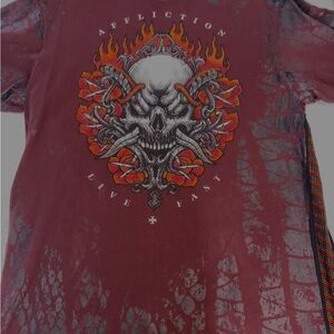 Affliction Maroon Tee with Skull and Flame Design